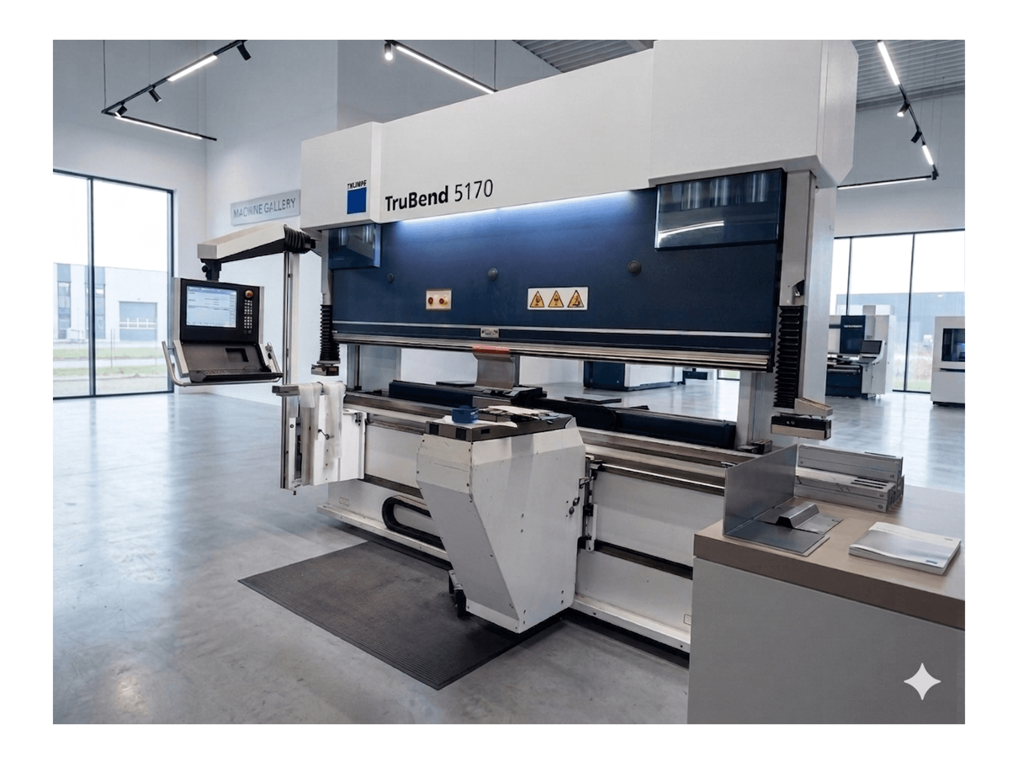 Листогибочный пресс TruBend 5170 производства компании TRUMPF, вид спереди с панелью управления и гибочным столом, демонстрирующий современный дизайн станка.