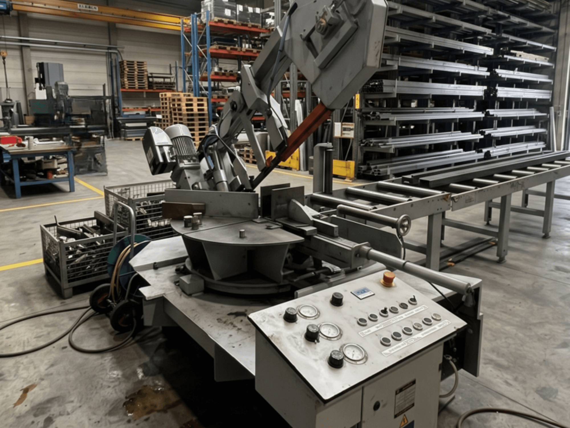 Металлическая ленточная пила MEBA MEBASwing 320 DG в цехе, вид сбоку, на фотографии видны панель управления и пильный диск.