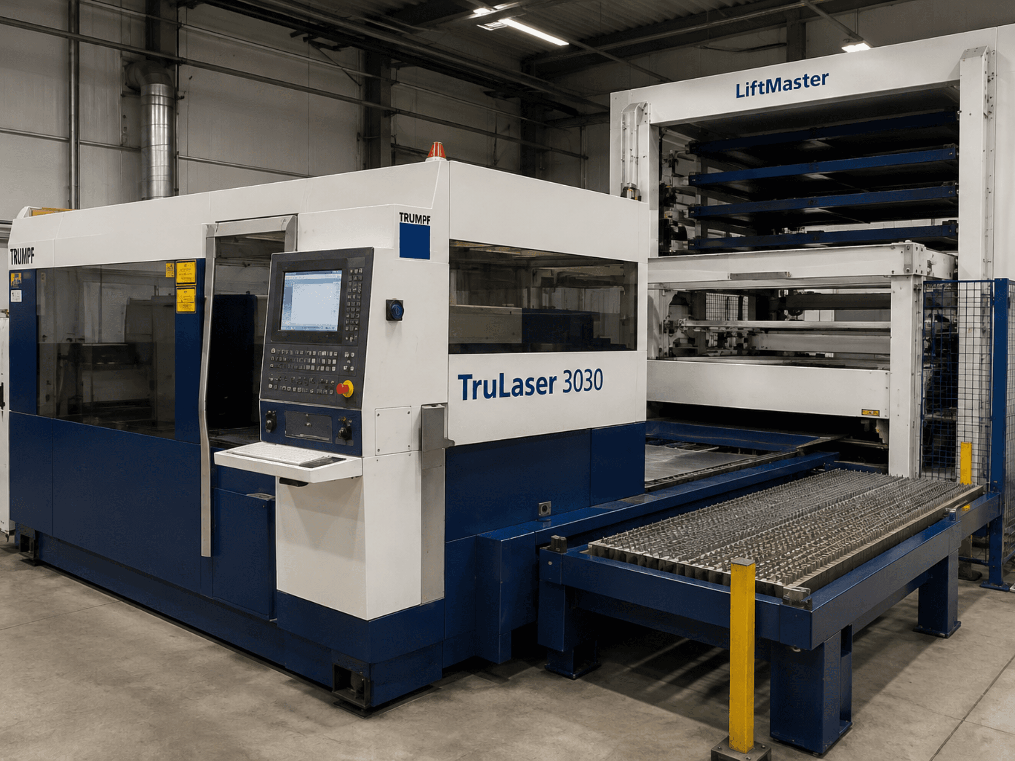 Вид спереди на станок для лазерной резки CO₂ TRUMPF TruLaser 3030 с системой LiftMaster, оснащенный панелью управления и столом для металлических листов.