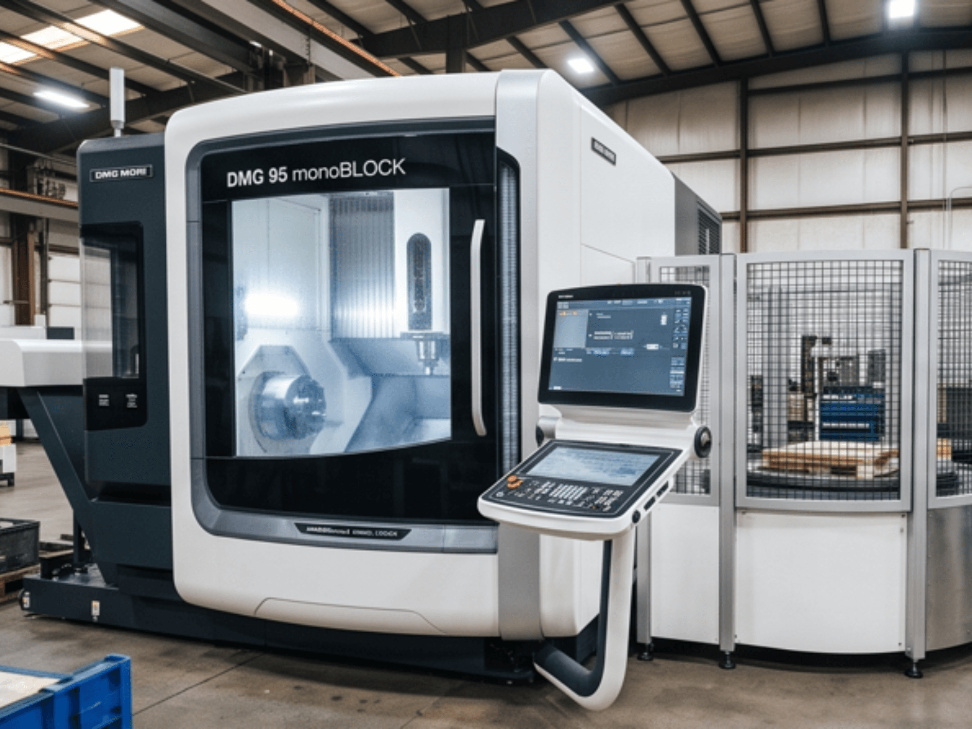 Вертикальный обрабатывающий центр DMG MORI DMC 95 monoBLOCK, вид спереди, с панелью управления и защитным кожухом.