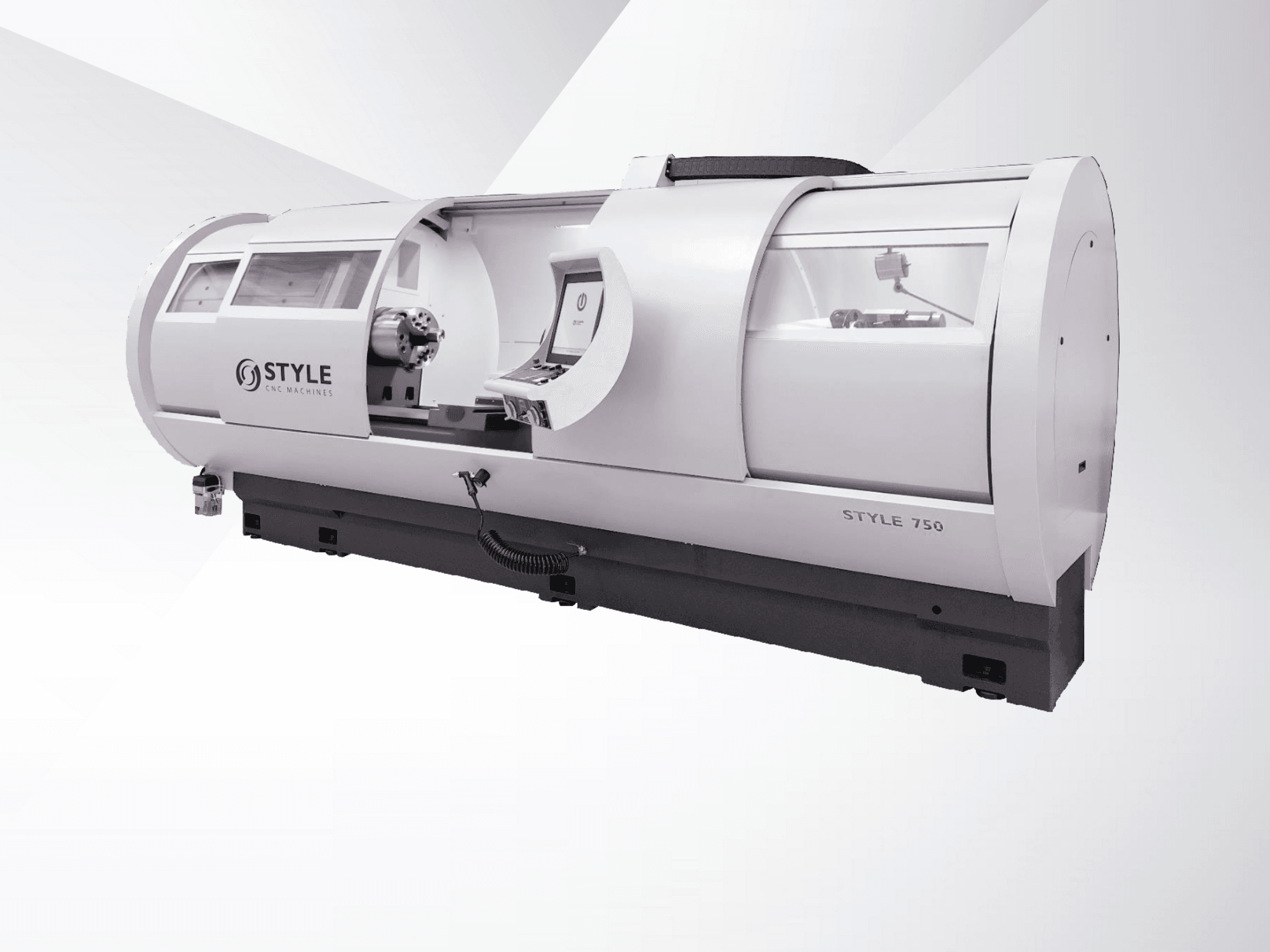 Токарный станок с ЧПУ STYLE 750, вид спереди, с большим окном, панелью управления и прецизионной механикой для расширенной обработки.