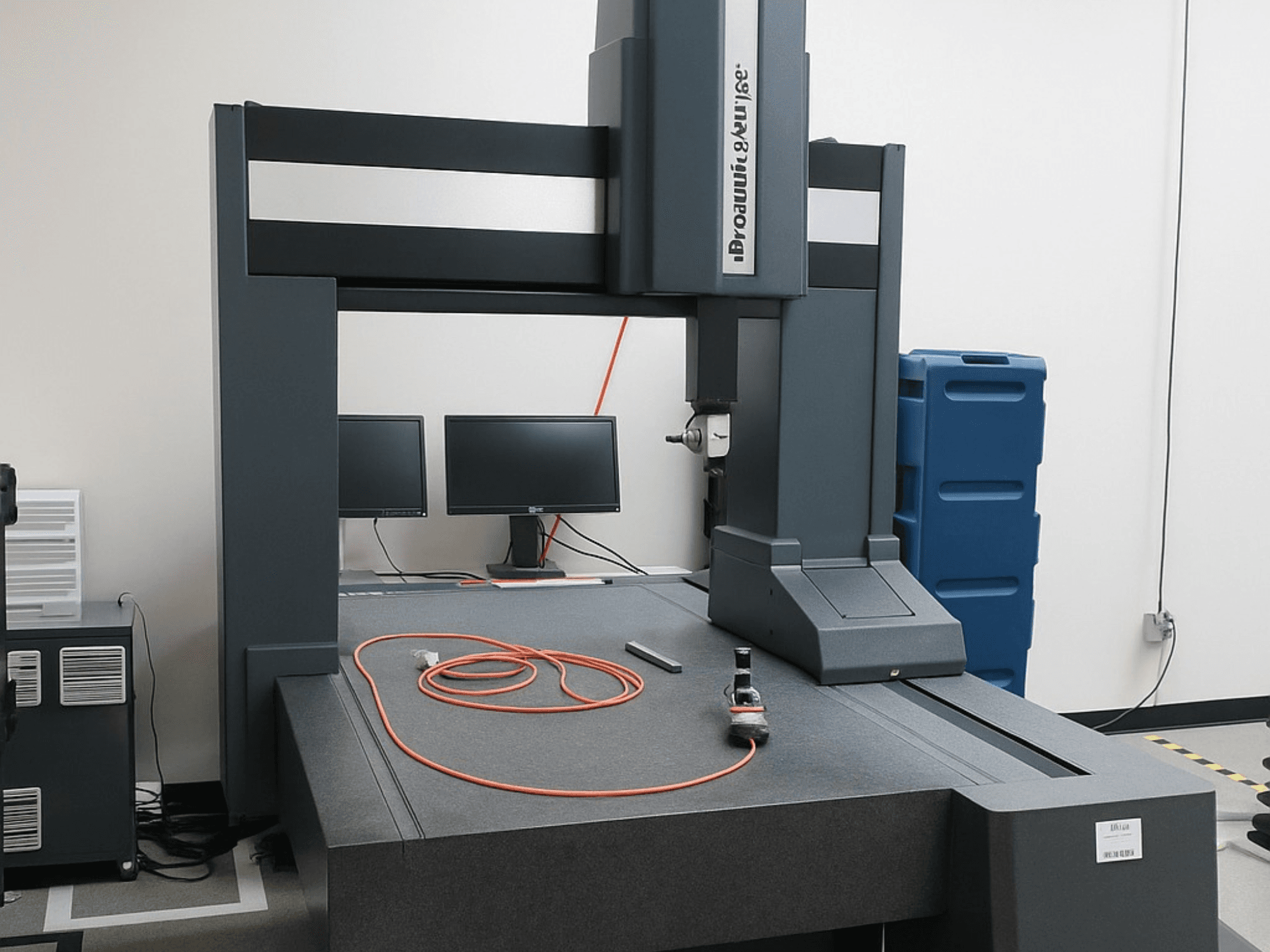 Координатно-измерительная машина Brooks Automation с двумя мониторами, вид спереди, имеет серую столешницу и измерительные инструменты.
