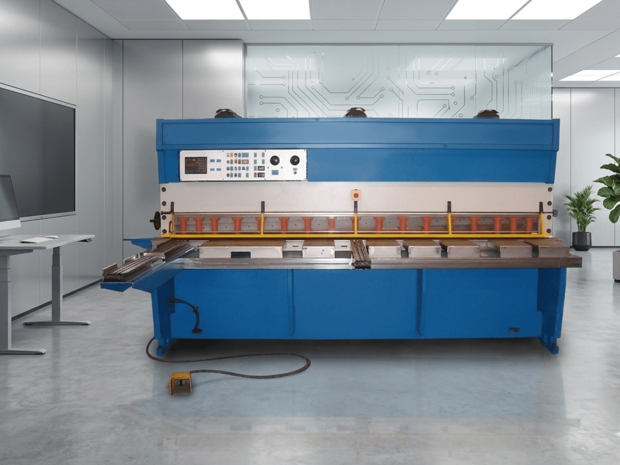 Гидравлические ножницы GASPARINI CO 3006, вид спереди, с панелью управления и зоной резки металла, в современном рабочем пространстве.