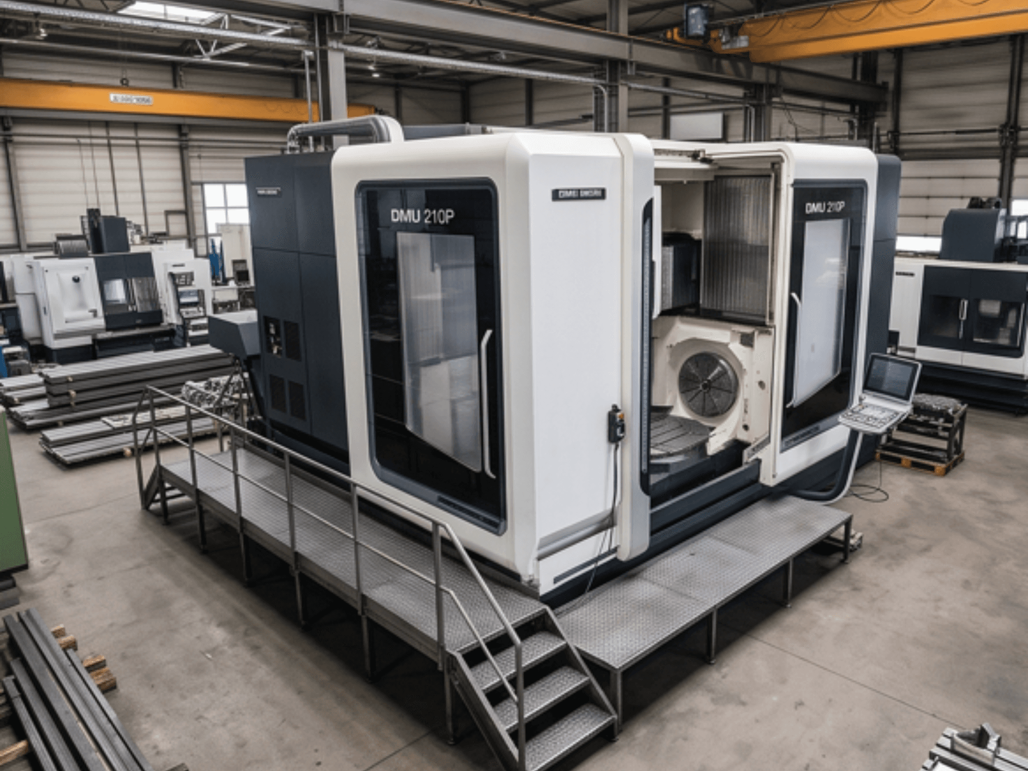 Универсальный обрабатывающий центр DMG MORI DMU 210P в цехе, вид сбоку с панелью управления и подъездной платформой.